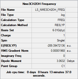 Summary of results for [N(CH3)3(CH2OH)]+ frequency analysis with 6-21G(d,p) basis set
