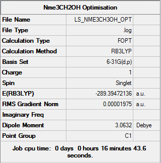 Summary of results for [N(CH3)3(CH2OH)]+ optimised with 6-21G(d,p) basis set