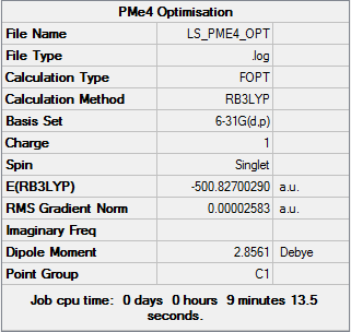 Summary of results for [P(CH3)4]+ optimised with 6-21G(d,p) basis set