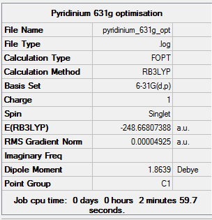 Pyridinium 6-31g optimisation summary
