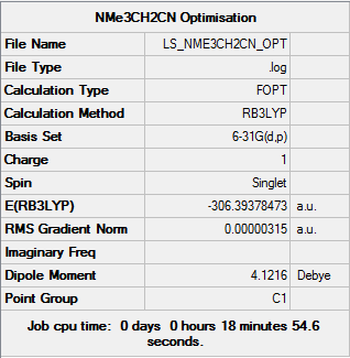 Summary of results for [N(CH3)3(CH2CN)]+ optimised with 6-21G(d,p) basis set