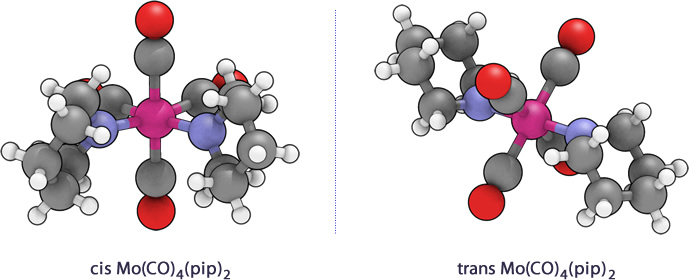 cis and trans Mo(CO)4(pip)2