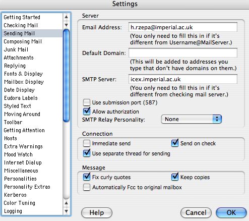 Eudora authentication settings
