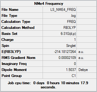 Summary of results for [N(CH3)4]+ frequency analysis with 6-21G(d,p) basis set