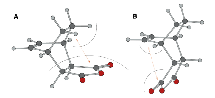Figure 18: Possible steric interactions leading to exo(A) and endo(B) product relative thermodynamic stabilities