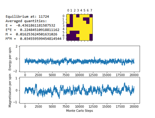 8x8 Lattice at a temperature of 5 for 20000 Monte Carlo Steps.