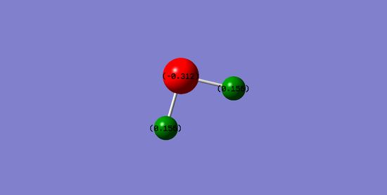 A Gaussview image of an optimised SH2 molecule with charge