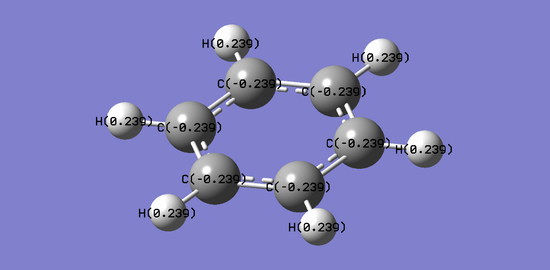 Charge distribution of the atoms in a benzene molecule
