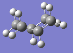 A Gaussview image of an optimised transition state of the chair conformation using freeze coordination method.
