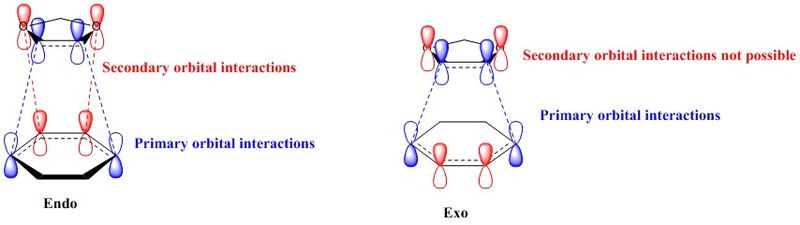 Figure 17: Diagrams showing the presence/absence of secondary orbital interactions in the endo and exo transition states.
