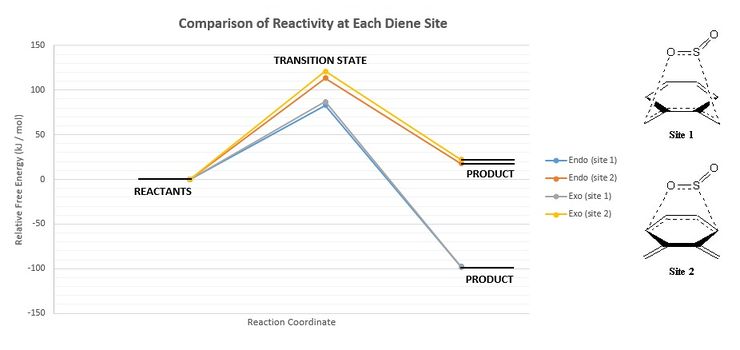 Figure 23: Reaction profiles showing the relative energies associated with reactions at each diene site on o-xylyene.
